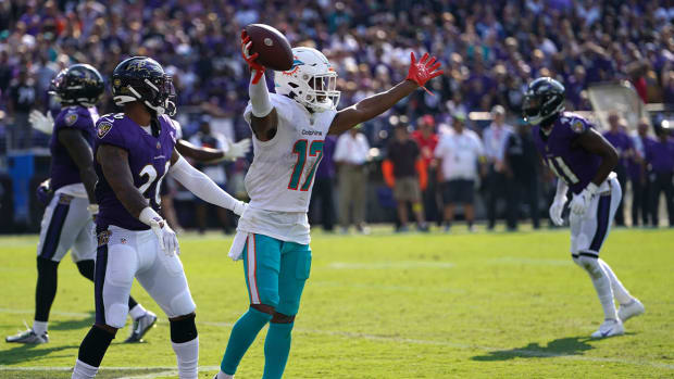 Sep 18, 2022; Baltimore, Maryland, USA; Miami Dolphins wide receiver Jaylen Waddle (17) reacts after his game-winning touchdown catch in the fourth quarter against the Baltimore Ravens at M&T Bank Stadium.